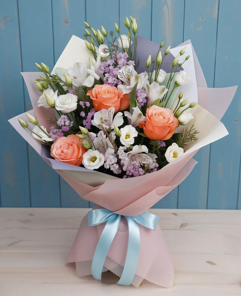 Букет цветов из: Лизиантусы, Розы, Альстромерии и Гипсофила в Питкяранте